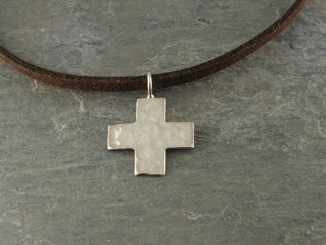 Mens Cross Necklace | Hammered Cross | Sterling Silver | Devotion - Pranajewelry