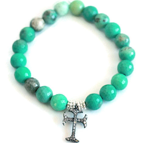 Pave Diamond Cross Bracelet -Chrysoprase - Devotion Courage - Pranajewelry