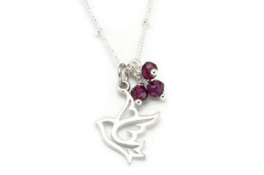 Sterling Silver Dove Necklace w Garnet Gemstones - Pranajewelry