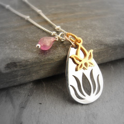 Lotus Necklace | Rising Silver Lotus Necklace |Tourmaline