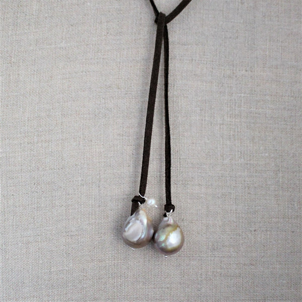 White Baroque Pearl on Leather Cord Necklace by Chan Luu | Gold/White Pearl