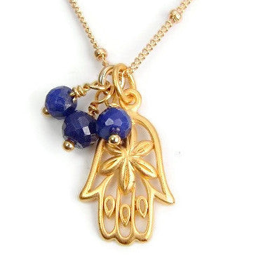 Hamsa Sapphire Necklace- Positivity Abundance Faith - Pranajewelry