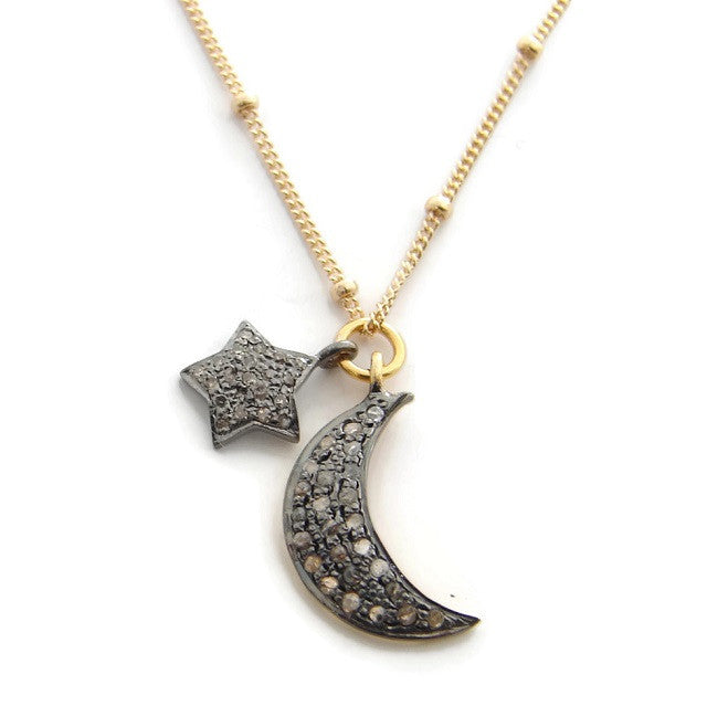 Pave Diamond Star & Moon Necklace