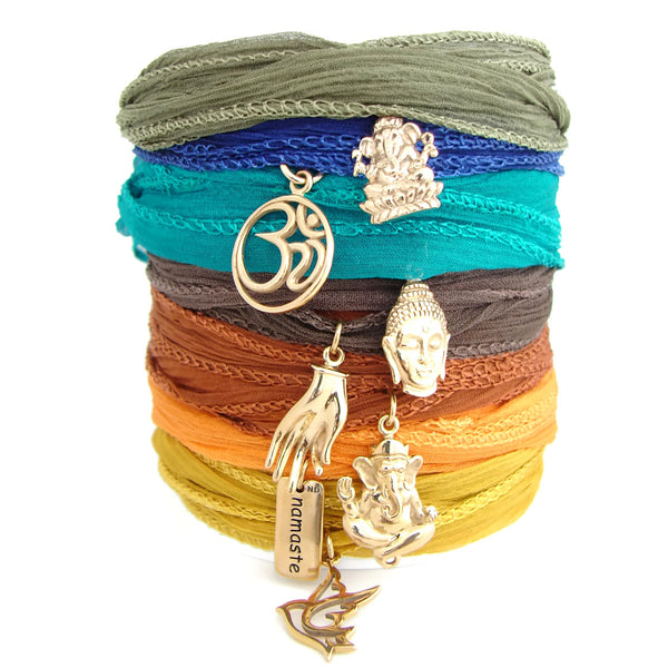 Silk Wrap Bracelets Ganesh OM Buddha Mudra Namaste