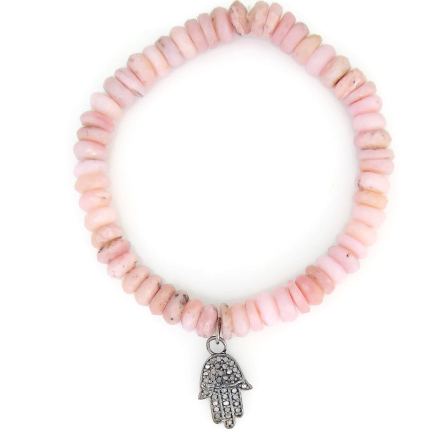 Hamsa Bracelet | Pave Diamond | Pink Opal