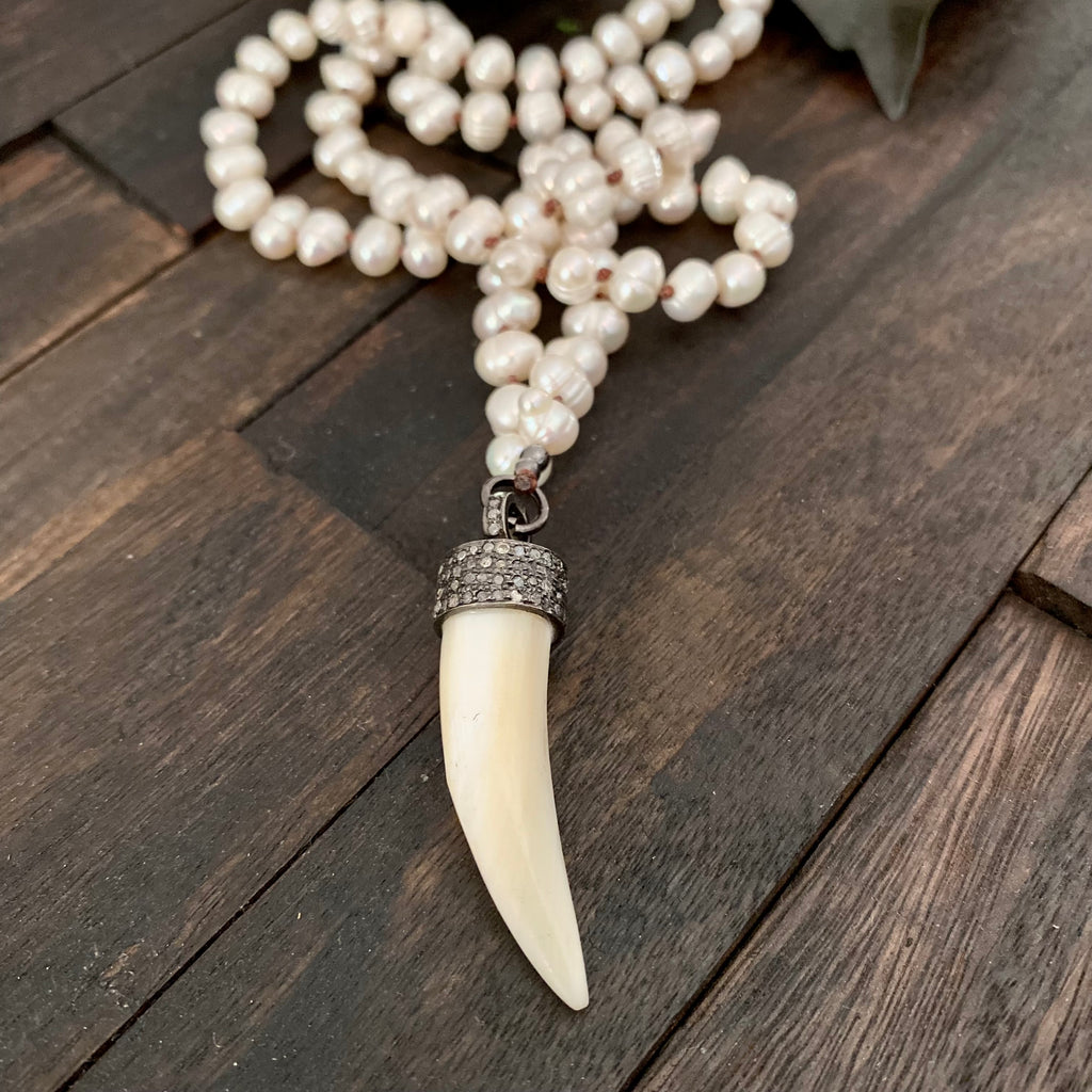 Mother of Pearl Diamond Tusk/Horn | Hand Knotted Pearl Necklace |Warrior