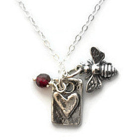 Bee Mine Heart Silver Necklace Garnet Gemstones - Love Loyalty - Pranajewelry
