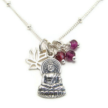 Sterling Silver Buddha Necklace with Garnet Gemstones & Mini Lotus - Pranajewelry