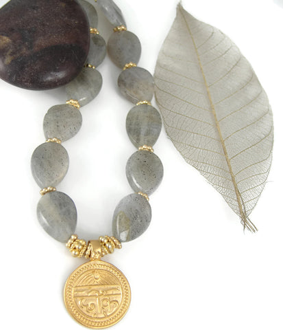 Sanskrit Labradorite Necklace Good Health - Good Life - Pranajewelry